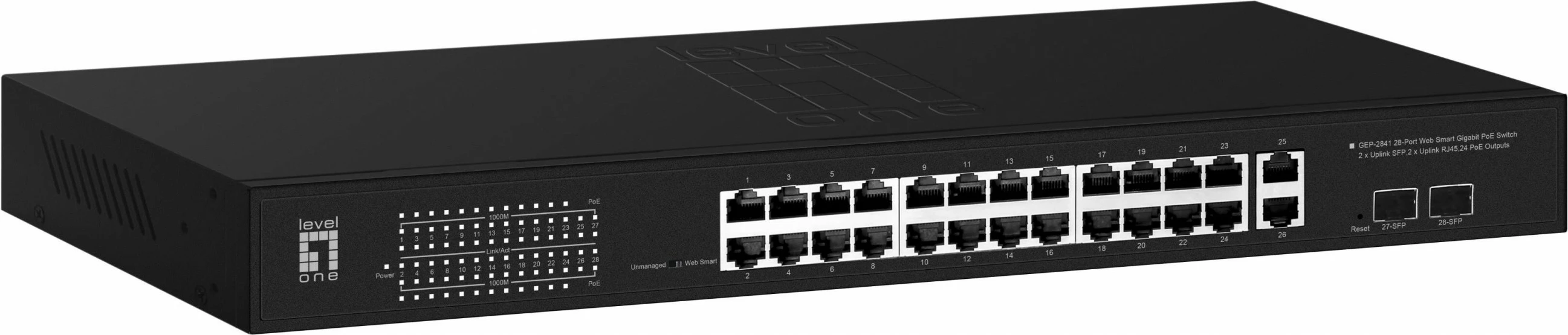 Switch LevelOne GEP-2841, 24 porta PoE, 2 SFP, 2 uplink RJ45, 1U, rackmount, i zi