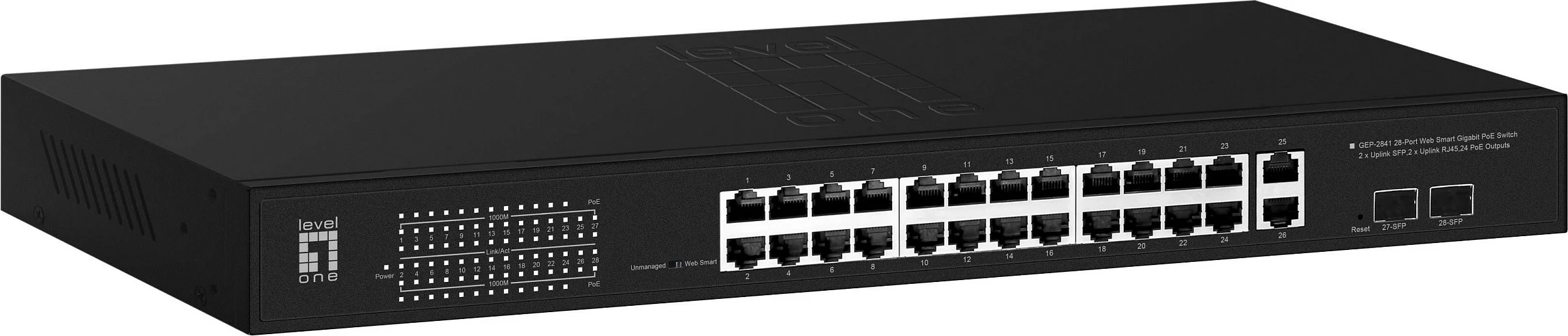 Switch LevelOne GEP-2841, 24 porta PoE, 2 SFP, 2 uplink RJ45, 1U, rackmount, i zi