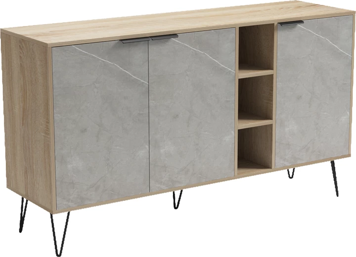 Bufe Balain, pamje mermeri gri-bezhë, këmbë të zeza, 142x35.5x83cm