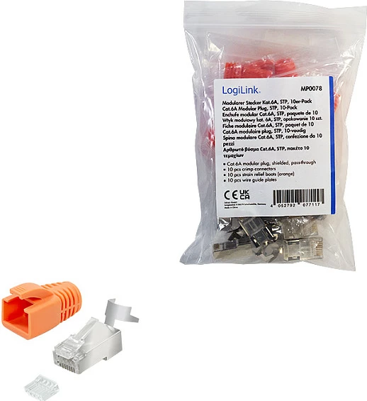 Konektor RJ45 LogiLink Cat.6A STP pass-through, paketim 10 copë, portokalli