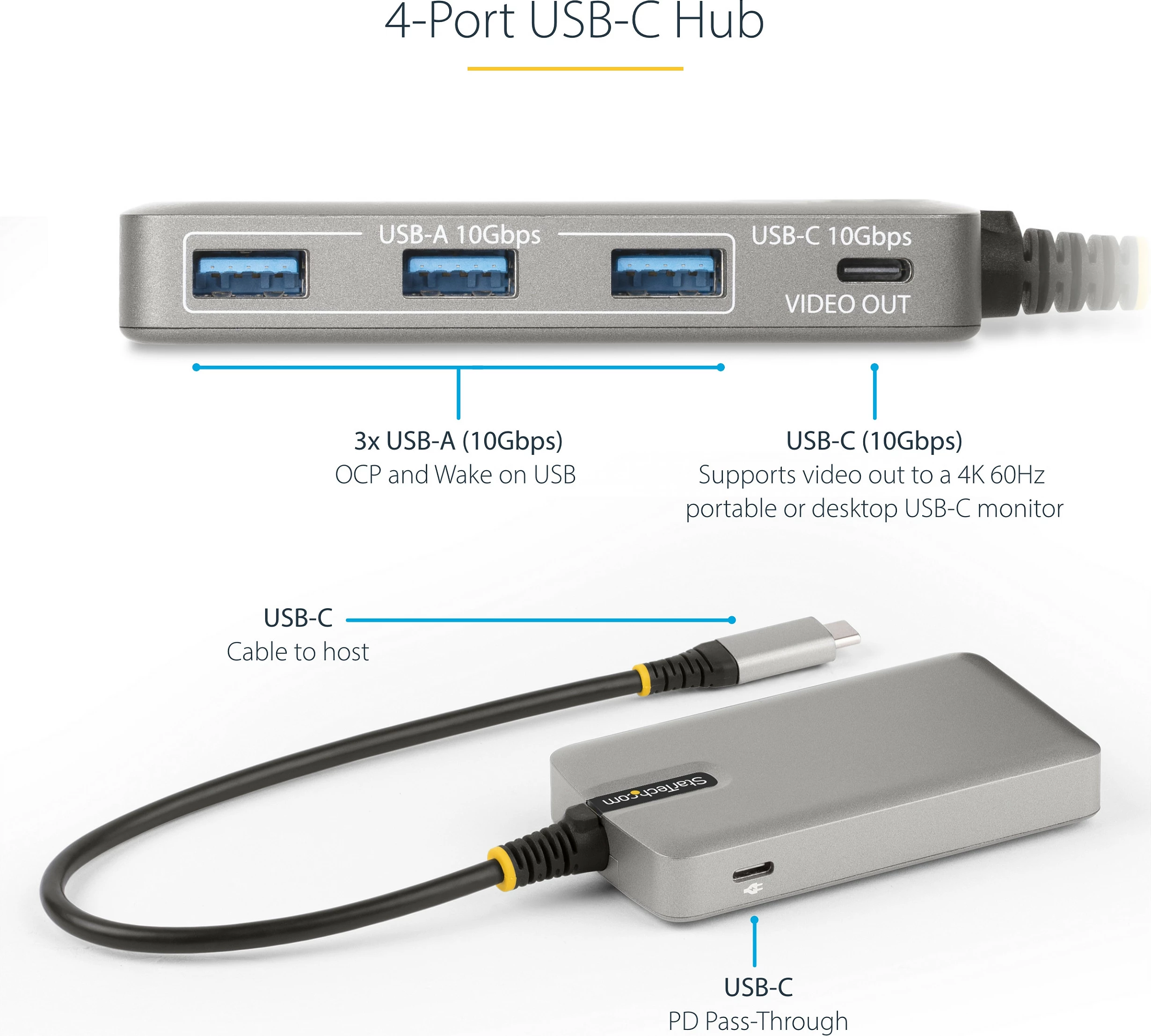 Hub USB-C StarTech 4-Port, 3x USB-A + 1x USB-C me DP Alt Mode 4K 60Hz, PD 100W, 10Gbps, gri