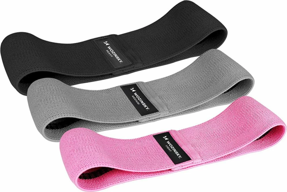 Set shirita rezistence Wozinsky WFB-01 për ushtrime, 3 copë, Rozë/Gri/E zezë