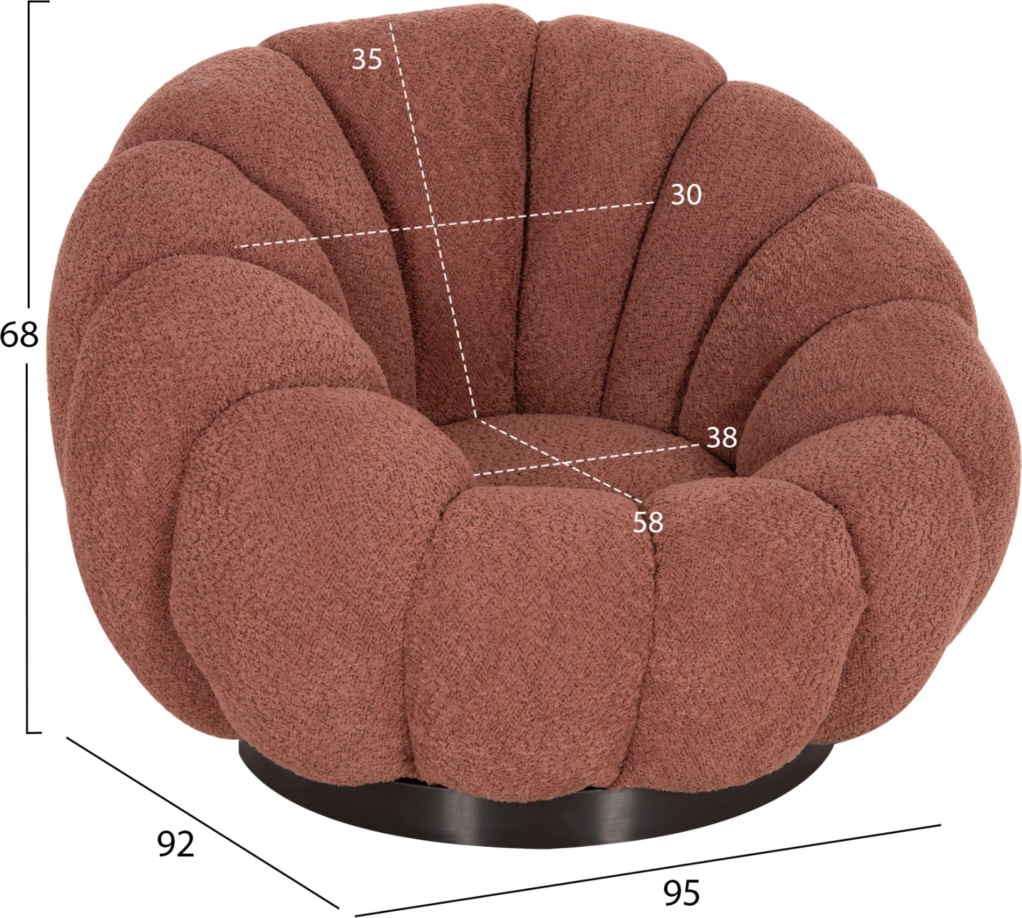 Karrige rrotulluese GRYMM FH9601.02, ngjyrë rozë boucle, bazë metalike e zezë, 90x93x65H cm