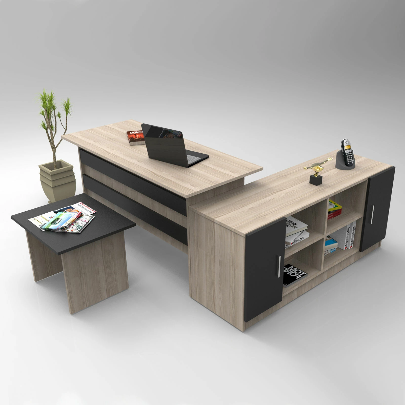 Set mobiljesh për zyre Hanah Home, Vo10-Ob, ngjyrë lisi dhe e zezë