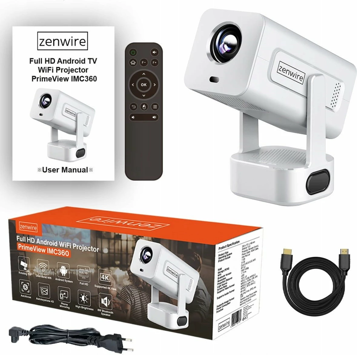 Projektor Zenwire PrimeView IMC360 Full HD, Android 13, WiFi 6, Bluetooth 5.2, 400 ANSI lm, me telekomandë, i bardhë