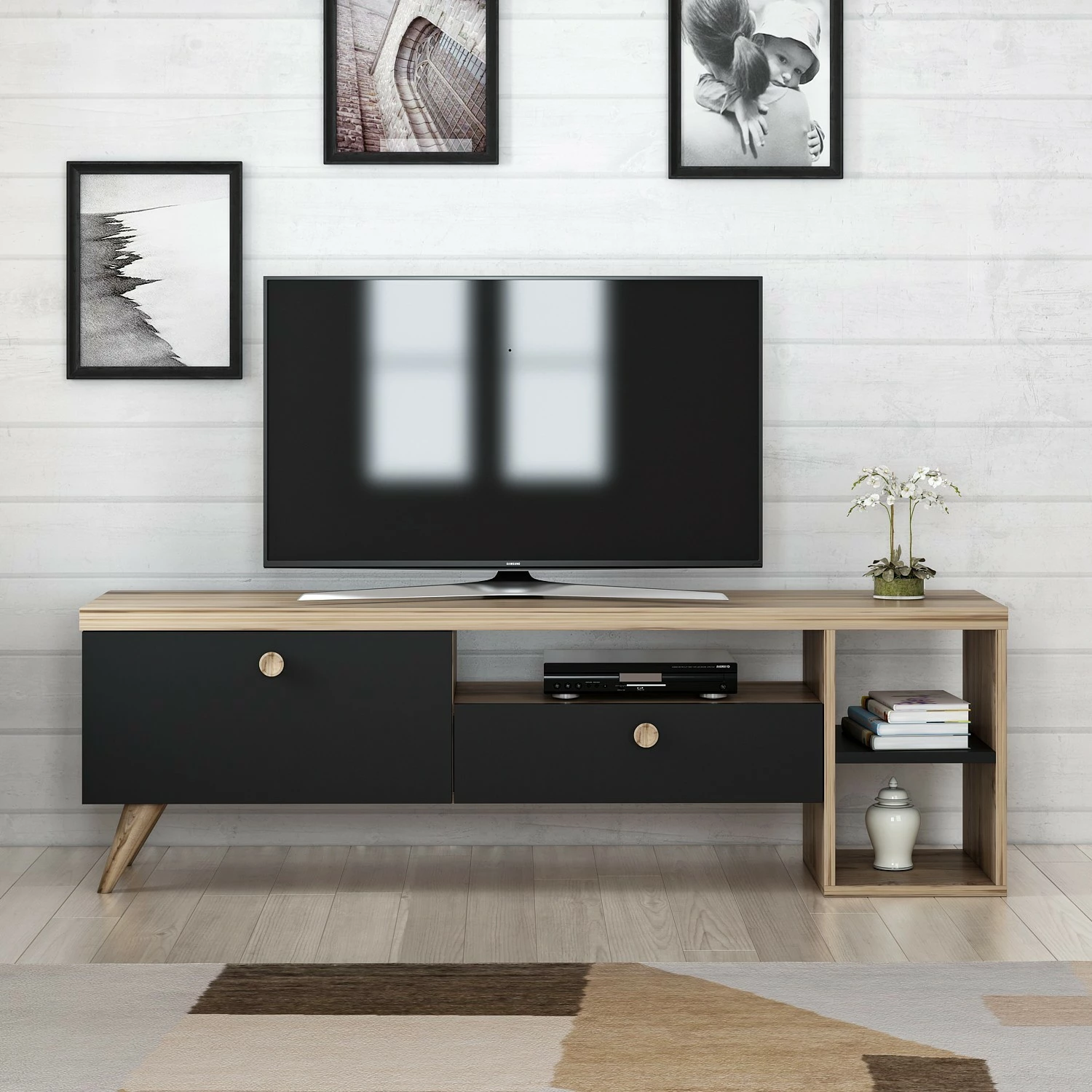 Komodë TV Parion, ngjyrë e zezë dhe lis, Hanah Home