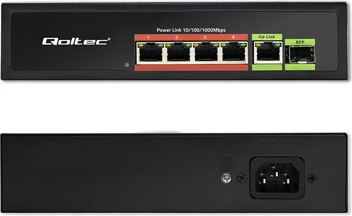 Switch Qoltec 52296, 4x RJ45 PoE, 1x RJ45 Uplink, 1x SFP, 65W, 1000 Mb/s, i zi