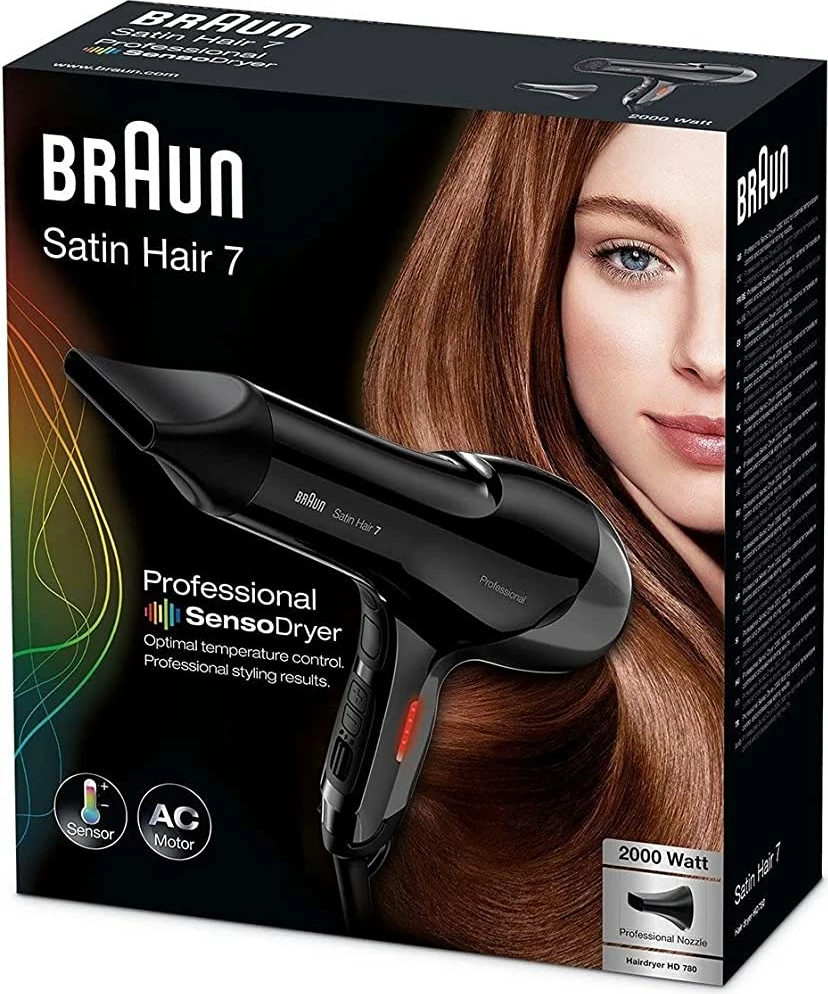 Tharëse flokësh Braun Satin Hair 7 HD780, 2000 W, motor AC profesional, sensor temperature, 10 nivele, set stilimi, e zezë/gri