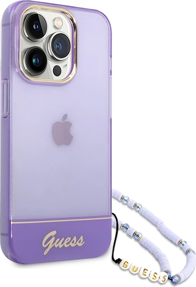 Mbështjellës Guess GUHCP14LHGCOHU për iPhone 14 Pro 6.1", Translucent Pearl Strap, vjollcë