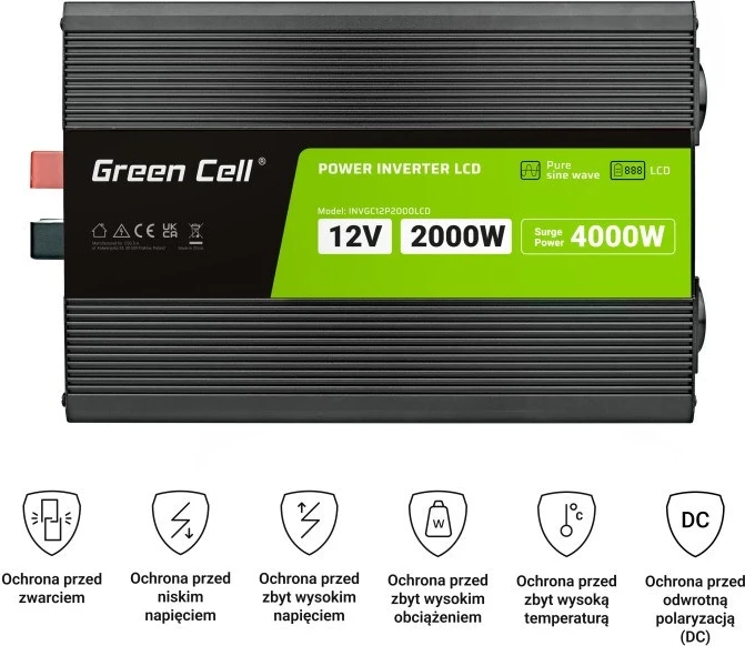 Inverter për makinë Green Cell PowerInverter LCD 12V në 230V 2000W/40000W me ekran LCD - valë të pastër