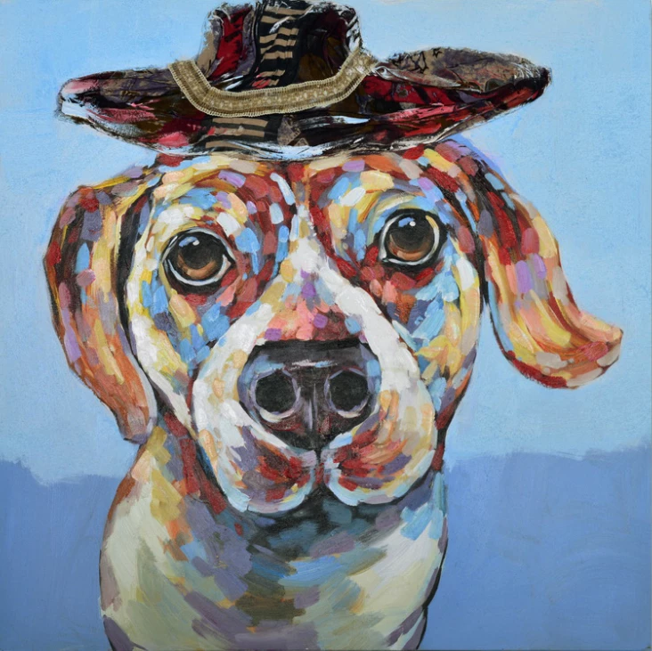 Pikturë dekorative qen, shumëngjyrëshe, kanavacë dhe dru, 100x100x3cm