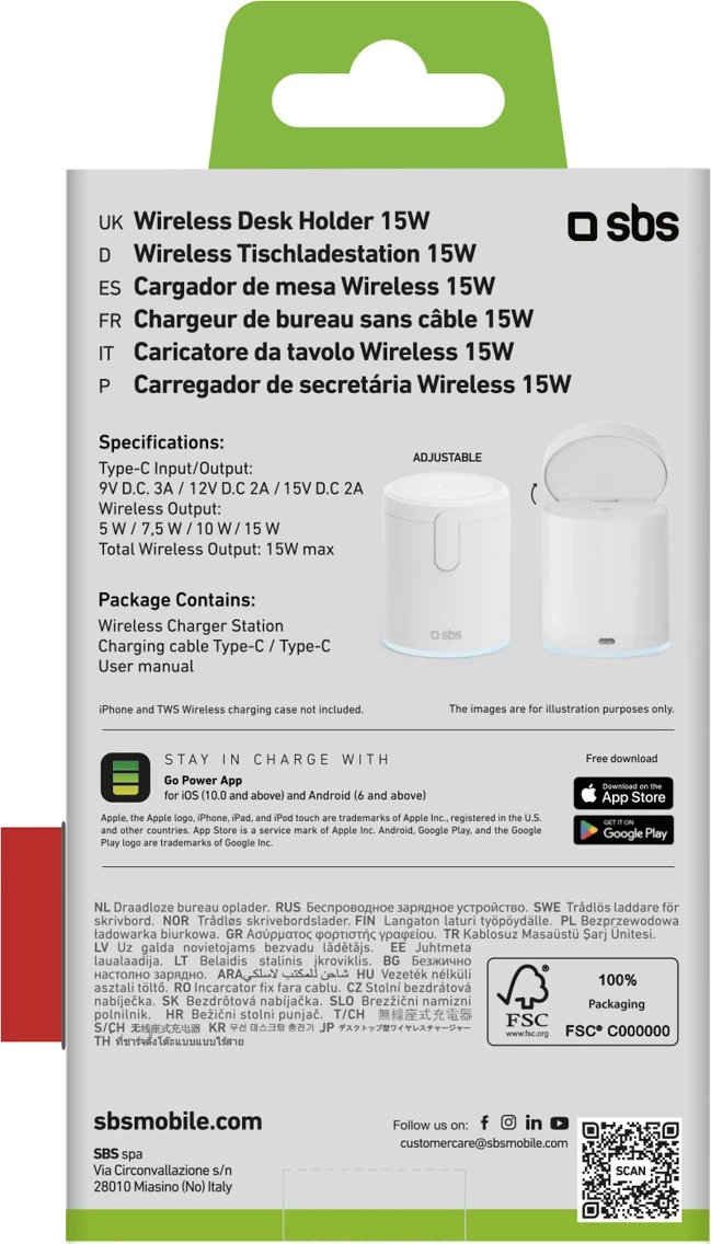 Karikues wireless me mbajtës 2-në-1, SBS, 15 W, USB-C, i bardhë