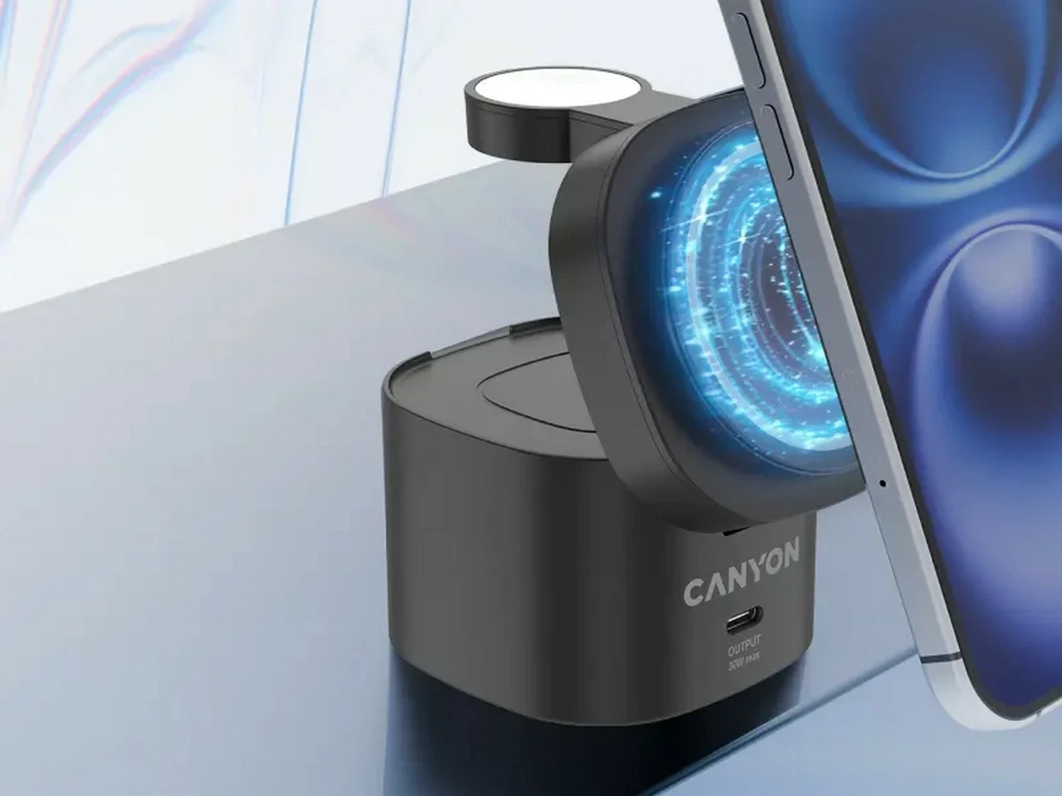 Stacion karikimi pa tela Canyon 4w1 30W, Qi2, USB-C PD 3.0, me kabllo 1m, i zi