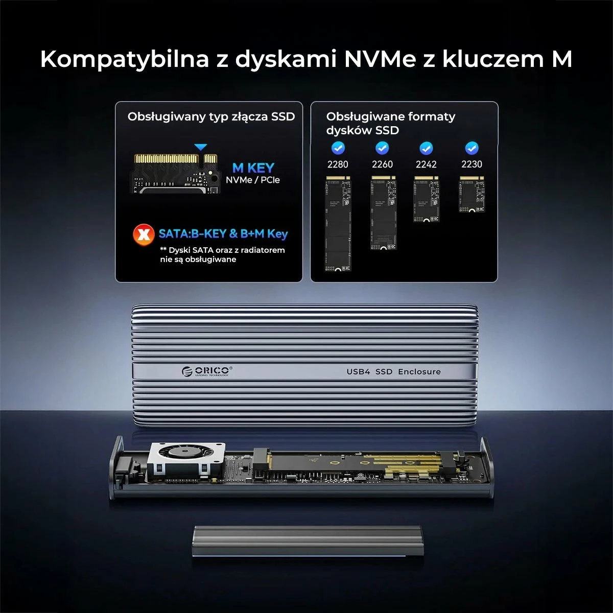 Kasë e jashtme për SSD M.2 NVMe Orico ACOM2-U4-GY-BP, USB-C 40Gbps, me ventilator, alumini, me kabllo C‑to‑C + adapter C‑to‑A, argjendtë