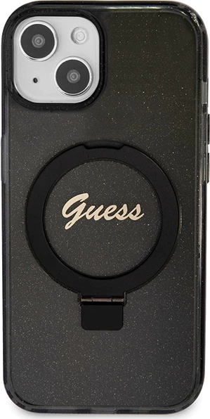 Mbështjellës Guess Ring Stand Script Glitter MagSafe për iPhone 15 Plus / 14 Plus, i zi