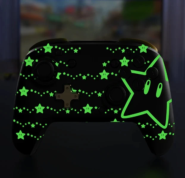 Kontroller pa tela PDP REMATCH GLOW Super Star për Nintendo Switch, bateri 40 orë, butona mbrapa të programueshëm, glow-in-the-dark, i zi/verdhe