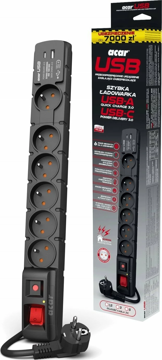Zgjatues rryme me mbrojtje Acar S6 USB A+C W2437, 6 prizë, 2x USB (18W), kabllo 3 m, i zi