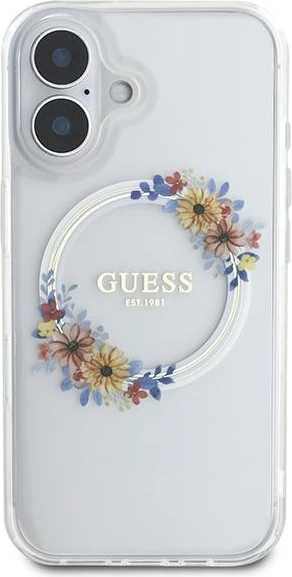Mbështjellës Guess Flowers Wreath MagSafe për iPhone 16, Transparent