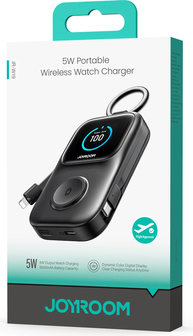 Powerbank Joyroom JR-W19 5000mAh, karikim pa tela 5W për orë, kabllo USB-C/Lightning të integruara, ekran digjital, i zi