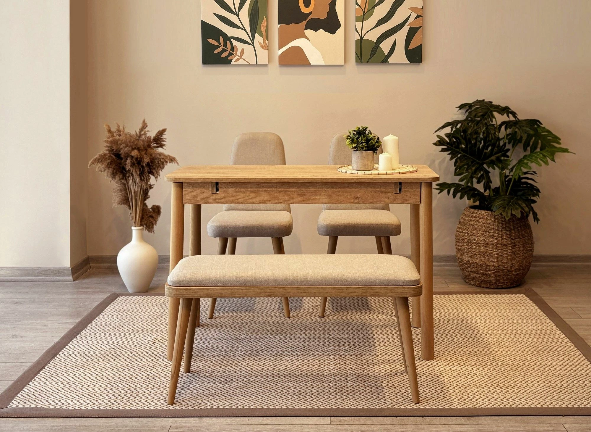 Set tavolinë me karrige për ngrënie, zgjatues, ngjyrë lis dhe krem, Skye Decor, Vina Mini 01 1005, 4 pjesë