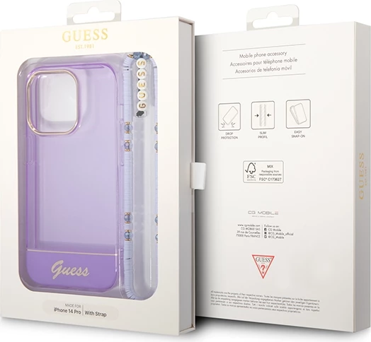 Mbështjellës Guess GUHCP14LHGCOHU për iPhone 14 Pro 6.1", Translucent Pearl Strap, vjollcë