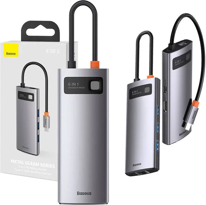 Kasë Baseus Metal Gleam Series CAHUB-CW0G, 6-në-1, USB-C në 3x USB 3.0 + HDMI + USB-C PD + Ethernet RJ45, Gri