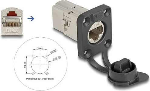 Prizë paneli RJ45 DeLOCK D-Type, Cat6A STP, femër-femër, IP66, argjendtë