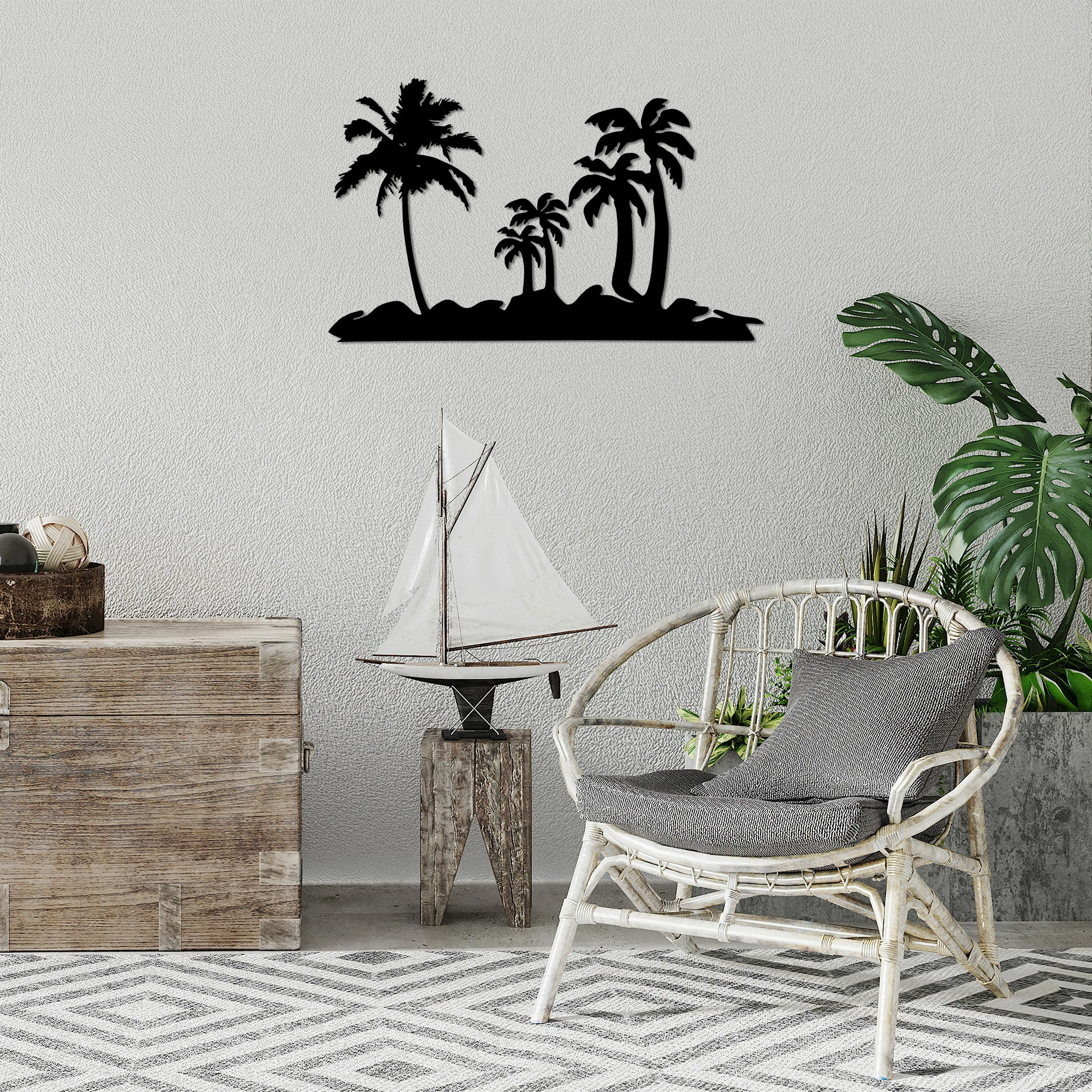 Aksesor dekorativ metalik për mur, palmë, Wallity, 70x42cm, ngjyrë e zezë