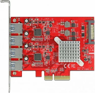 Kartë zgjerimi DeLOCK PCIe x4 në 4x USB-A USB 3.2 Gen 2 10Gbps, furnizim SATA, e kuqe