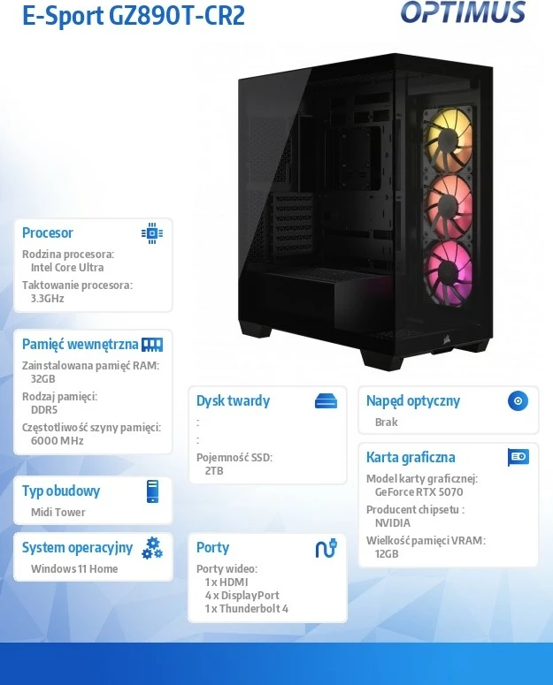 Kompjuter gaming OPTIMUS E-Sport GZ890T-CR2, Core Ultra 7 265KF, 32GB RAM Memorje DDR5, 2TB SSD, GeForce RTX 5070 OC, Windows 11 Home, i zi