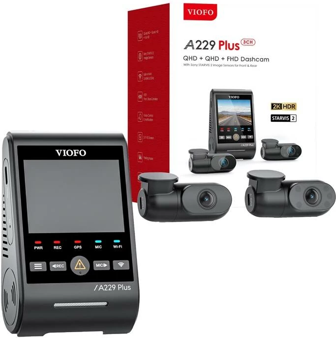 Video regjistrues veture Viofo A229 Plus 3CH, 2K + 2K + 1080p, WiFi, GPS, i zi, set me 3 kamera