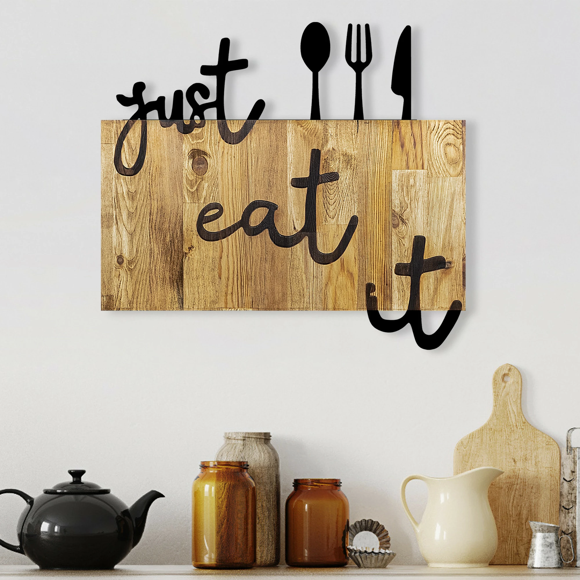 Aksesor dekorativ prej druri për mur, Wallity, Just Eat It, ngjyrë arre dhe e zezë, 58x3x52cm