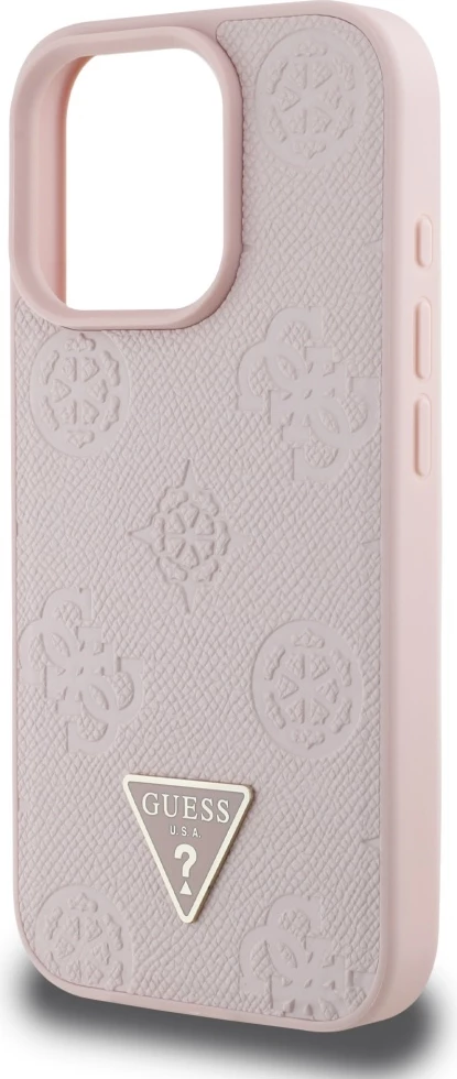 Mbështjellës Guess Grained Hot Stamp Peony Triangle Logo MagSafe për iPhone 16 Pro, Rozë