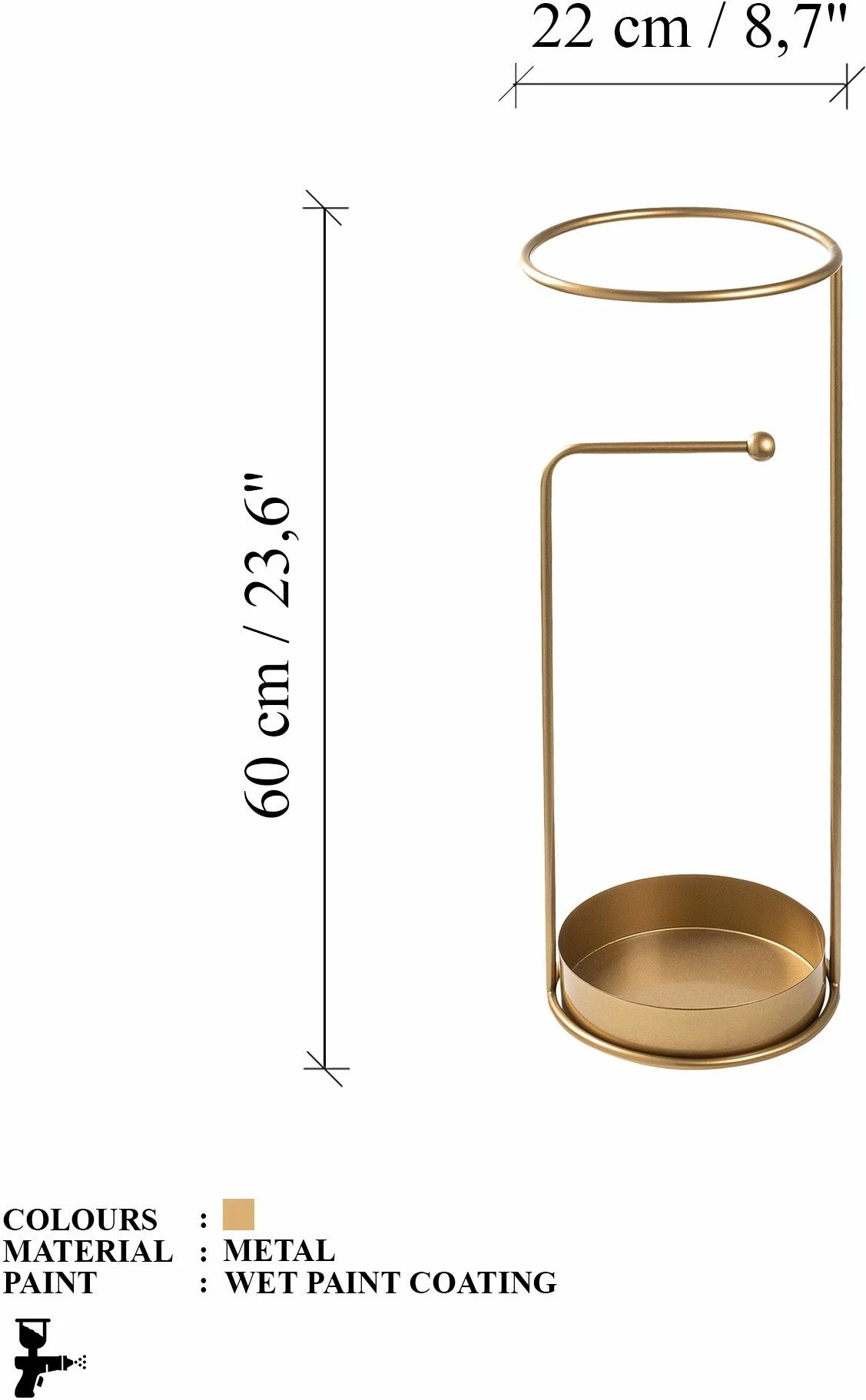 Stendë për ombrella, dizajn Aberto, ngjyrë ari, 22x22x60cm