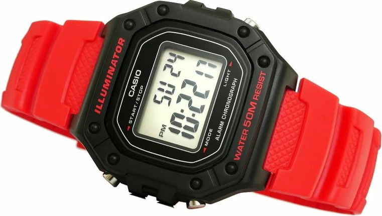 Orë dore për meshkuj Casio W-218H-4B, rrip i kuq, me kuti