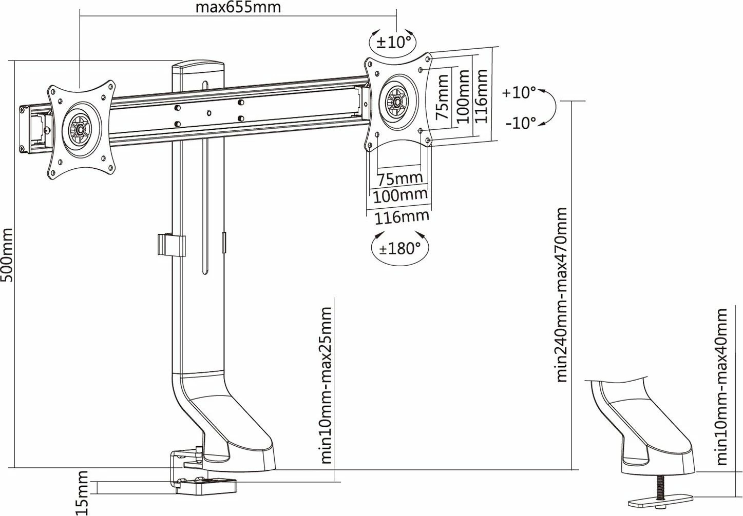 Mbajtëse tavoline për 2 monitorë Maclean MC-854 17"-27" VESA 75x75/100x100, e zezë