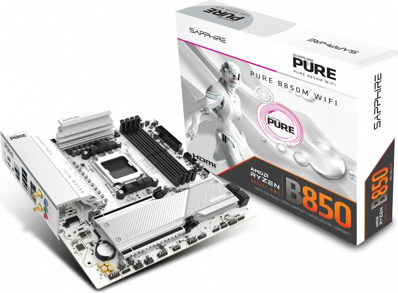 Pllakë amë, Sapphire PURE B850M WIFI, AM5, mATX, 4x DDR5 256GB 8000MHz OC, PCIe 5.0 x16 & M.2, Wi‑Fi 6, 2.5GbE