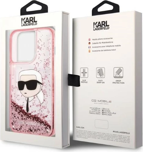 Mbështjellës Karl Lagerfeld Glitter Karl's Head për iPhone 14 Pro, rozë