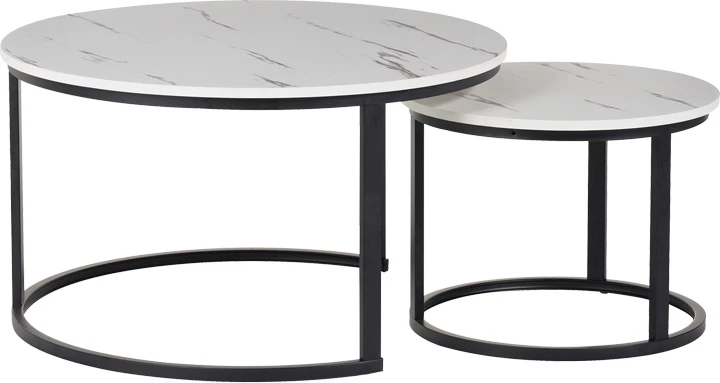 Set tavolina kafeje Solme I, 2 copë, ngjyrë mermeri të bardhë, këmbë metalike të zeza