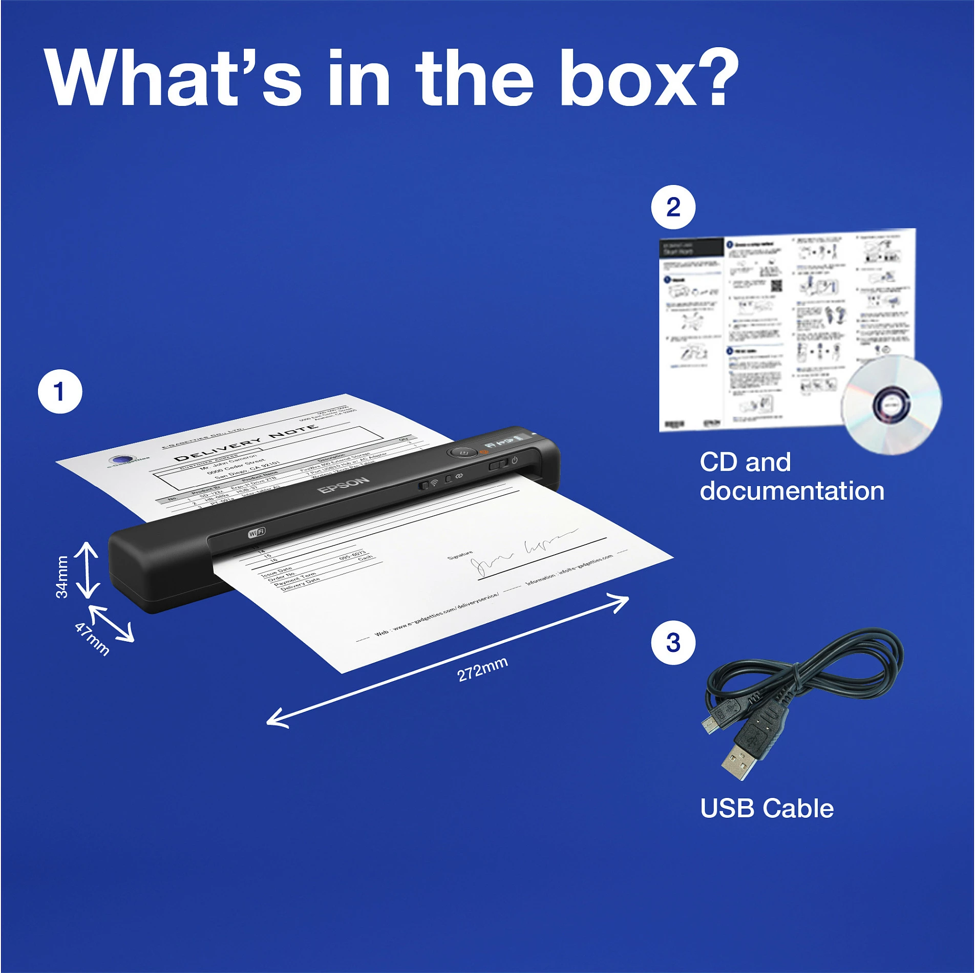 Skaner portativ Epson WorkForce ES-60W, Wi-Fi, bateri, 600 x 600 DPI