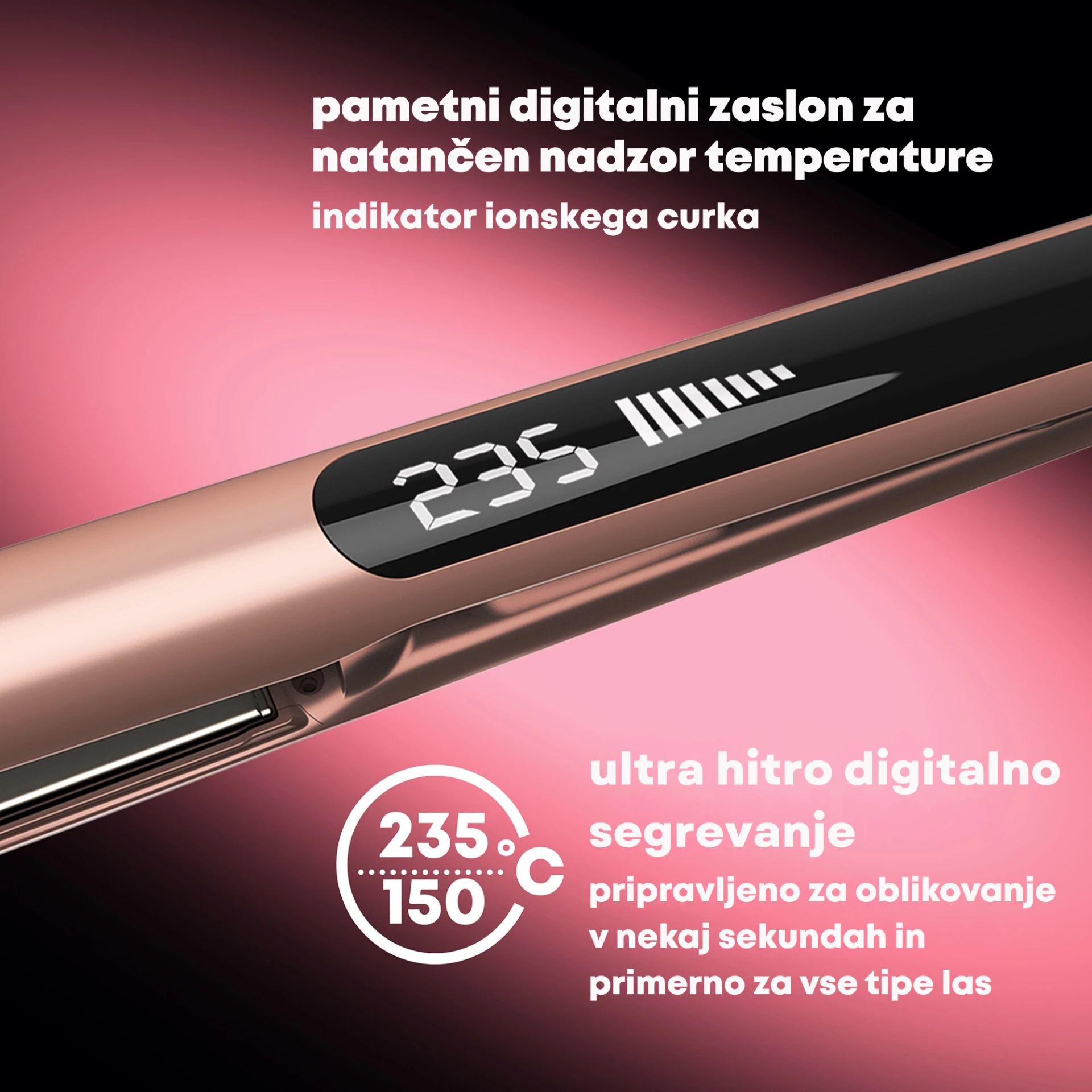 Hekur për drejtim flokësh Revamp Dynamic Radiance Straight & Style ST-1900GD, pllaka qeramike jonike 100 mm, 150–235°C, Ari