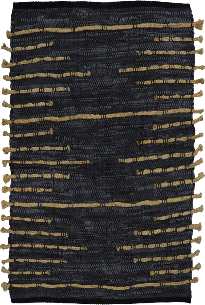 Qilim Edje, lëkurë dhe jute, 60x90cm, ngjyrë e zezë-bezhë