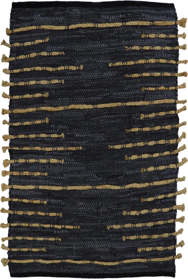 Qilim Edje, lëkurë dhe jute, 60x90cm, ngjyrë e zezë-bezhë