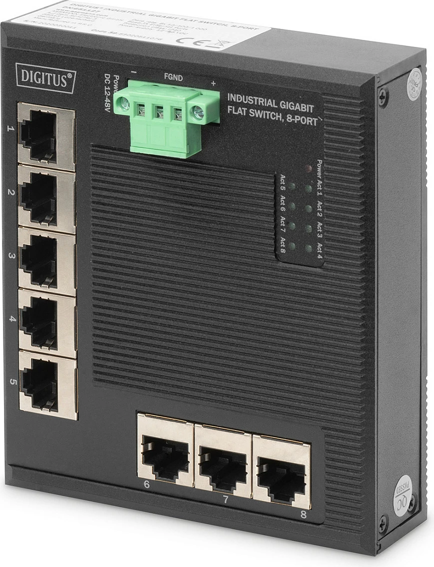 Switch Digitus Industrial Flat Gigabit 8-Port, DIN Rail, Fanless, i zi