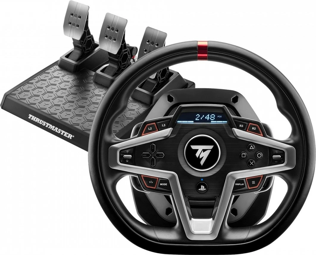 Timon lojrash, Thrustmaster T248R, 900° force feedback, 25 butona, USB me tela, për PC/PS4/PS5, me pedale T3PM, zi