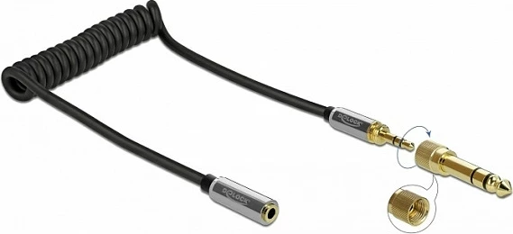 Kabllo zgjatëse audio DeLOCK 85831, 3.5mm Mashkull në 3.5mm Femër, 1m, spirale, me adapter 6.35mm, e zezë