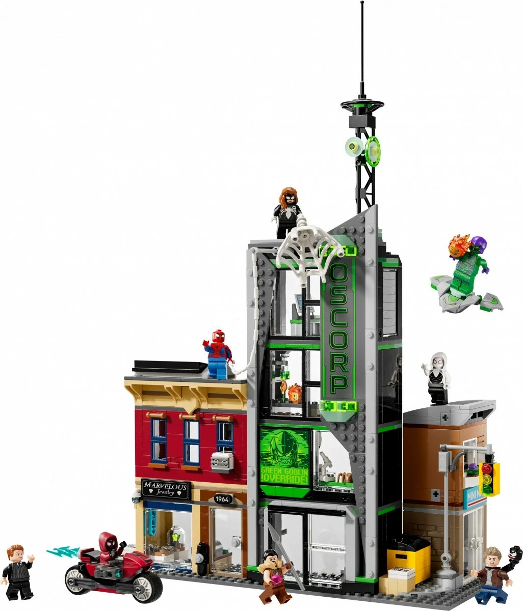 Set LEGO Marvel Spider-Man dhe Oscorp 76324, 808 pjesë, për fëmijë 10+, me 8 minifigura