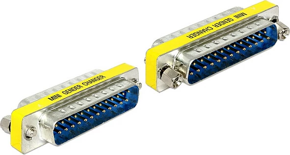 Adaptues gender changer DeLOCK 65482, Sub-D 25 (DB25) mashkull-mashkull, blu/argjendtë/verdhe