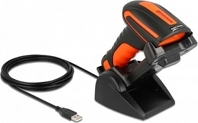 Skaner barkodi DeLOCK 1D/2D, Bluetooth 4.1 / RF 2.4 GHz, bazë karikimi induktive, 1800 mAh, zi/portokalli