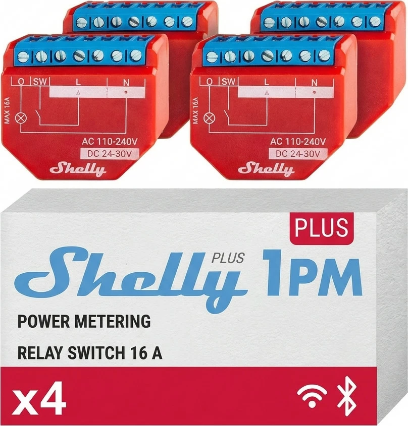 Rele smart Shelly Plus 1PM Gen4, 16A, matje e konsumit, Wi‑Fi/Matter/Zigbee/Bluetooth, paketë 4 copë